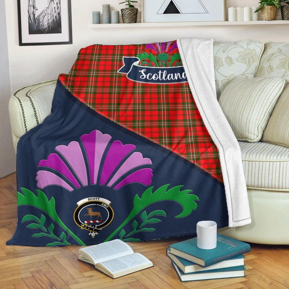 Clan Scott Tartan Crest Premium Blanket Thistle Style TT30 Clan Scott (Scott Tartan) Tartan Today   