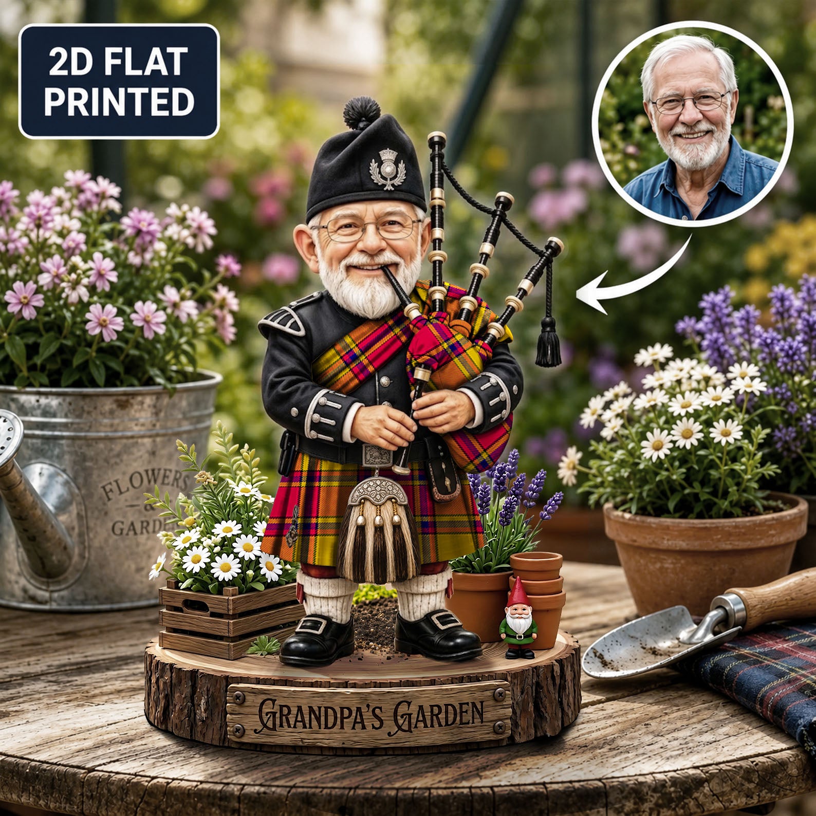 Personalized Scrymgeour Clan Bagpipe Garden Gnome Caricature Plaque Custom Photo, Any Clan Tartan, Wood or Acrylic, Grandpa & Dad Gift, Scottish Highland Garden Decor CK71