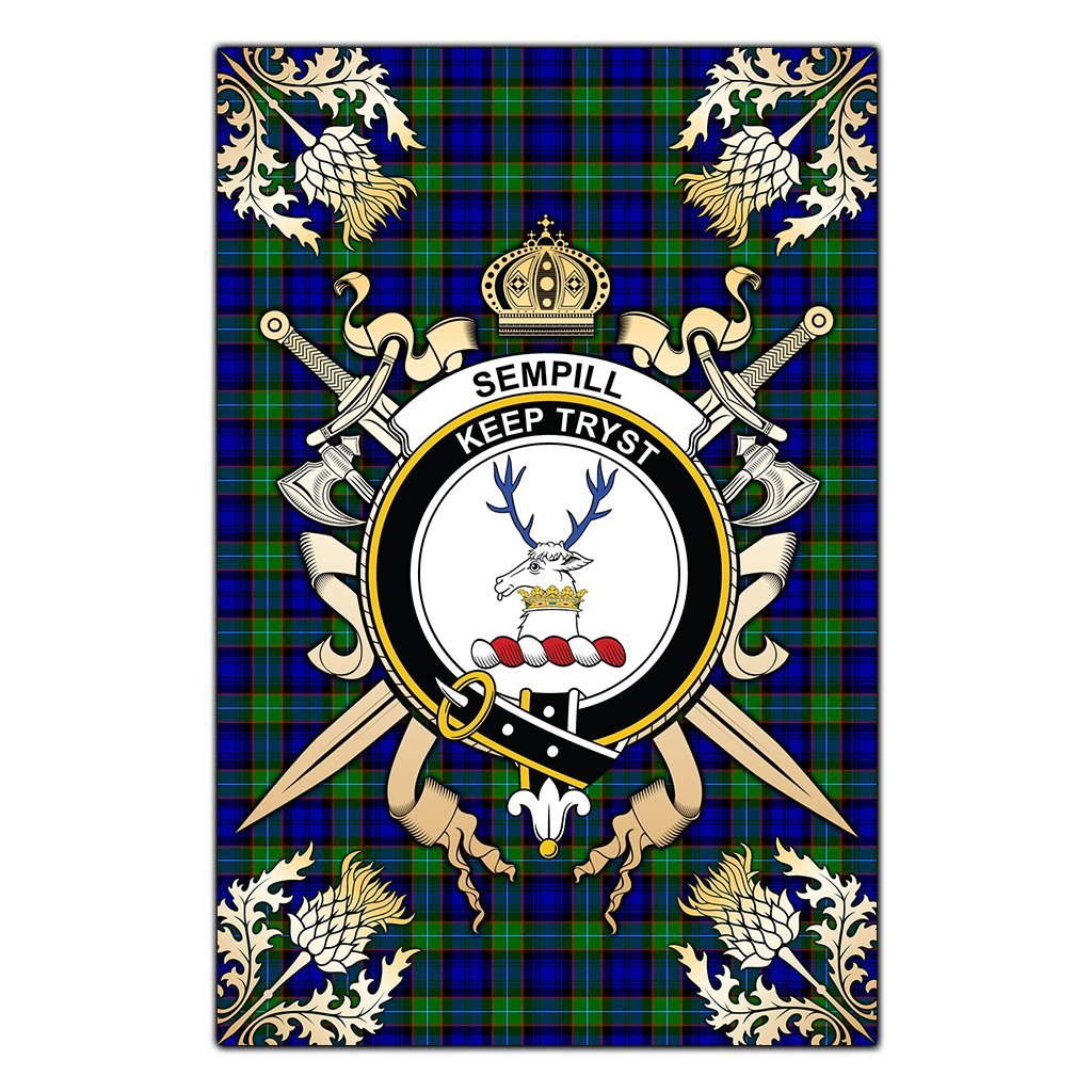 Clan Sempill Modern Tartan Crest Black Garden Flag  - Gold Thistle  HO28 Clan Sempill Tartan Today   