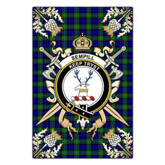 Clan Sempill Modern Tartan Crest Black Garden Flag  - Gold Thistle  HO28 Clan Sempill Tartan Today   