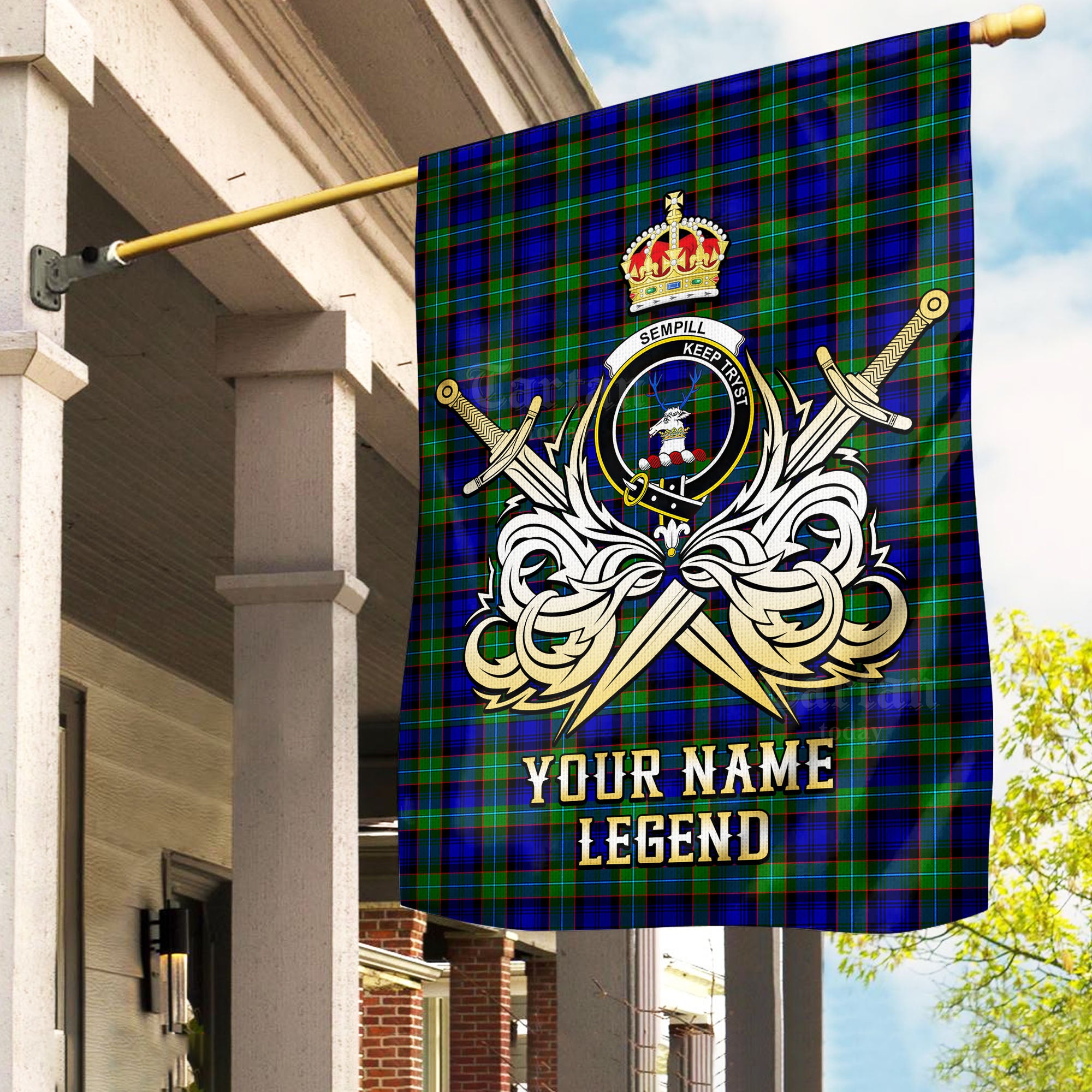 Custom Name Clan Sempill Modern Tartan Garden Flag with Clan Crest and the Golden Sword of Courageous Legacy JO58
