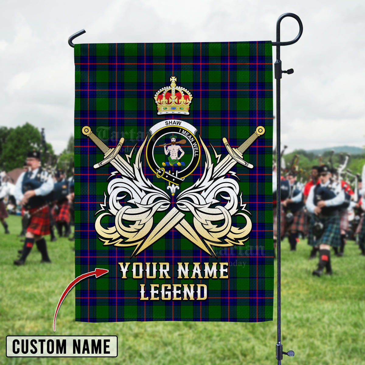 Personalized Custom Name Clan Shaw Modern Tartan Garden Flag with Clan Crest and the Golden Sword of Courageous Legacy SW75 - Shaw Modern Tartan Design, Scottish Heritage Gift