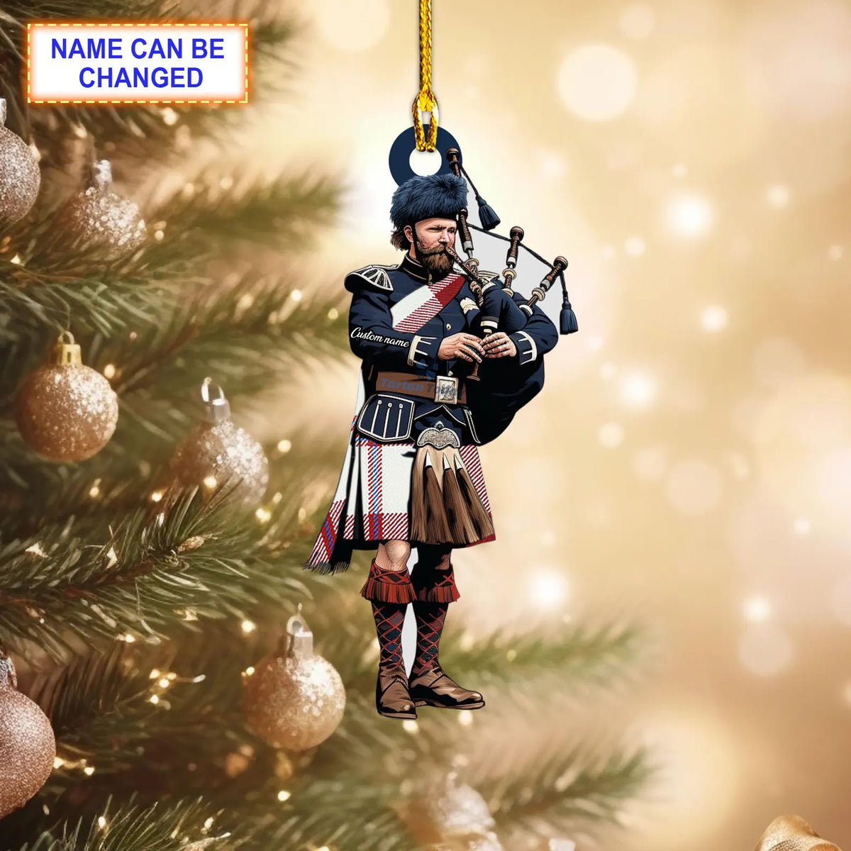Shiel Claret Modern Tartan Bagpipe Ornament with Custom Name