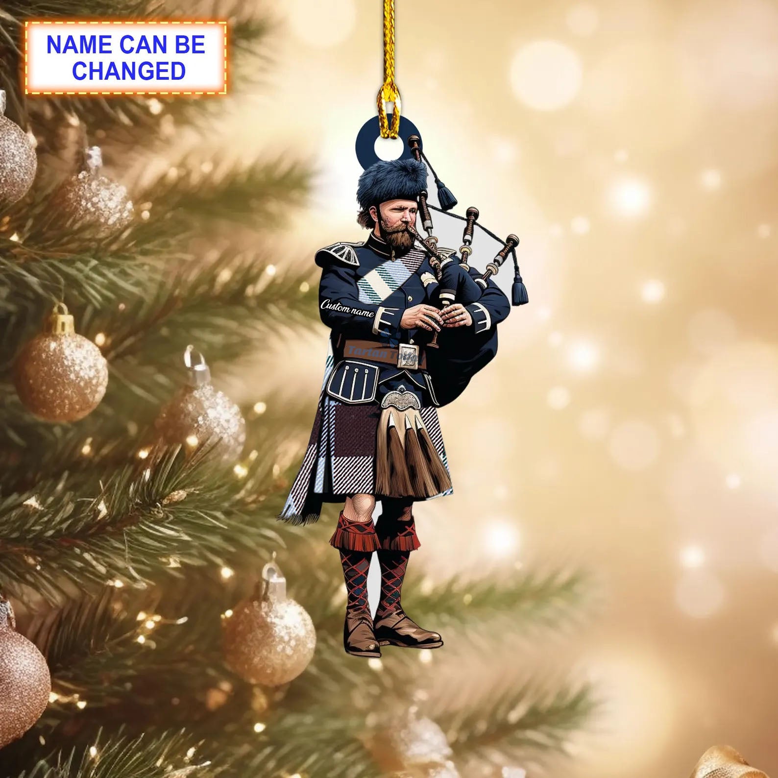 Shiel Purple Modern Tartan Bagpipe Ornament with Custom Name