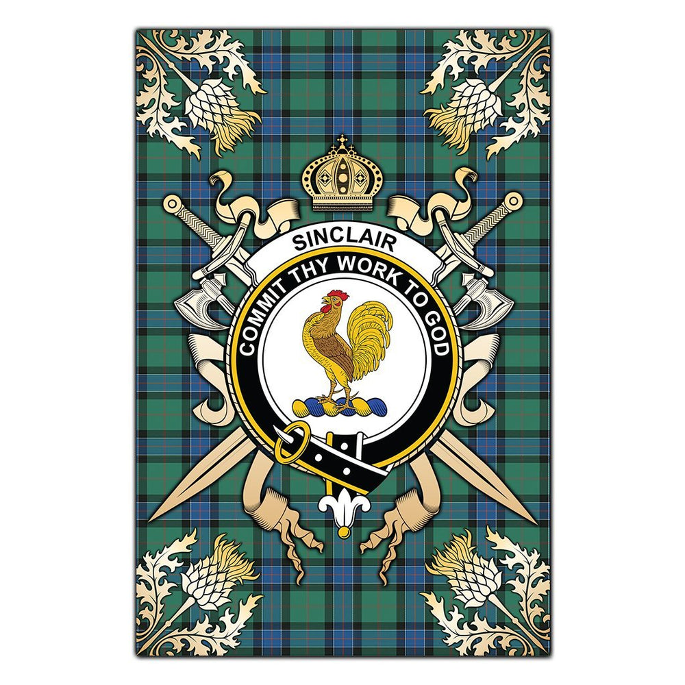 Clan Sinclair Hunting Ancient Tartan Crest Black Garden Flag  - Gold Thistle  BO99 Clan Sinclair Tartan Today   