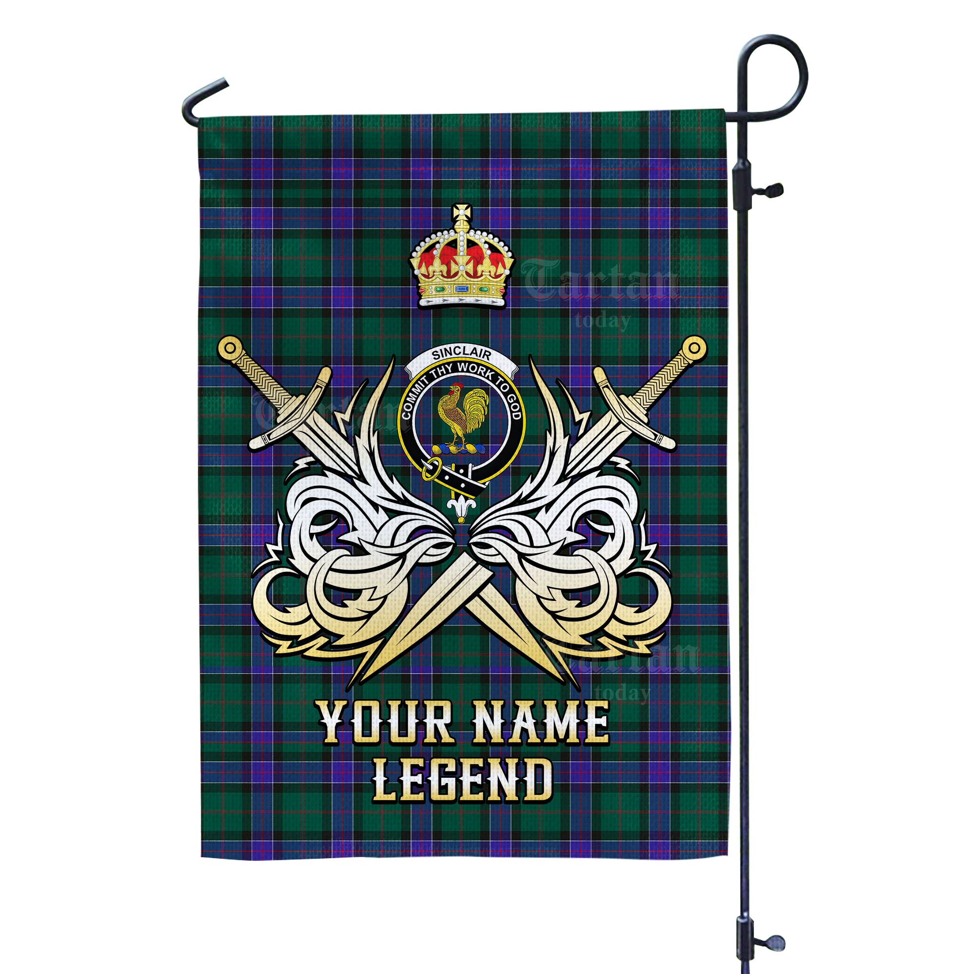 Custom Name Clan Sinclair Hunting Modern Tartan Garden Flag with Clan Crest and the Golden Sword of Courageous Legacy GG67