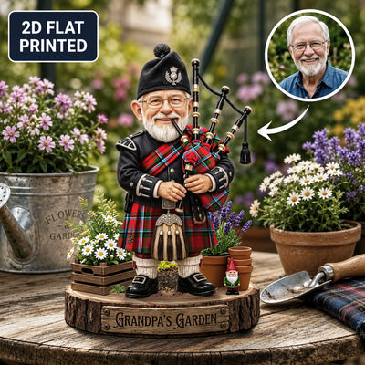 Personalized Sinclair Modern Clan Bagpipe Garden Gnome Caricature Plaque Custom Photo, Any Clan Tartan, Wood or Acrylic, Grandpa & Dad Gift, Scottish Highland Garden Decor IV91