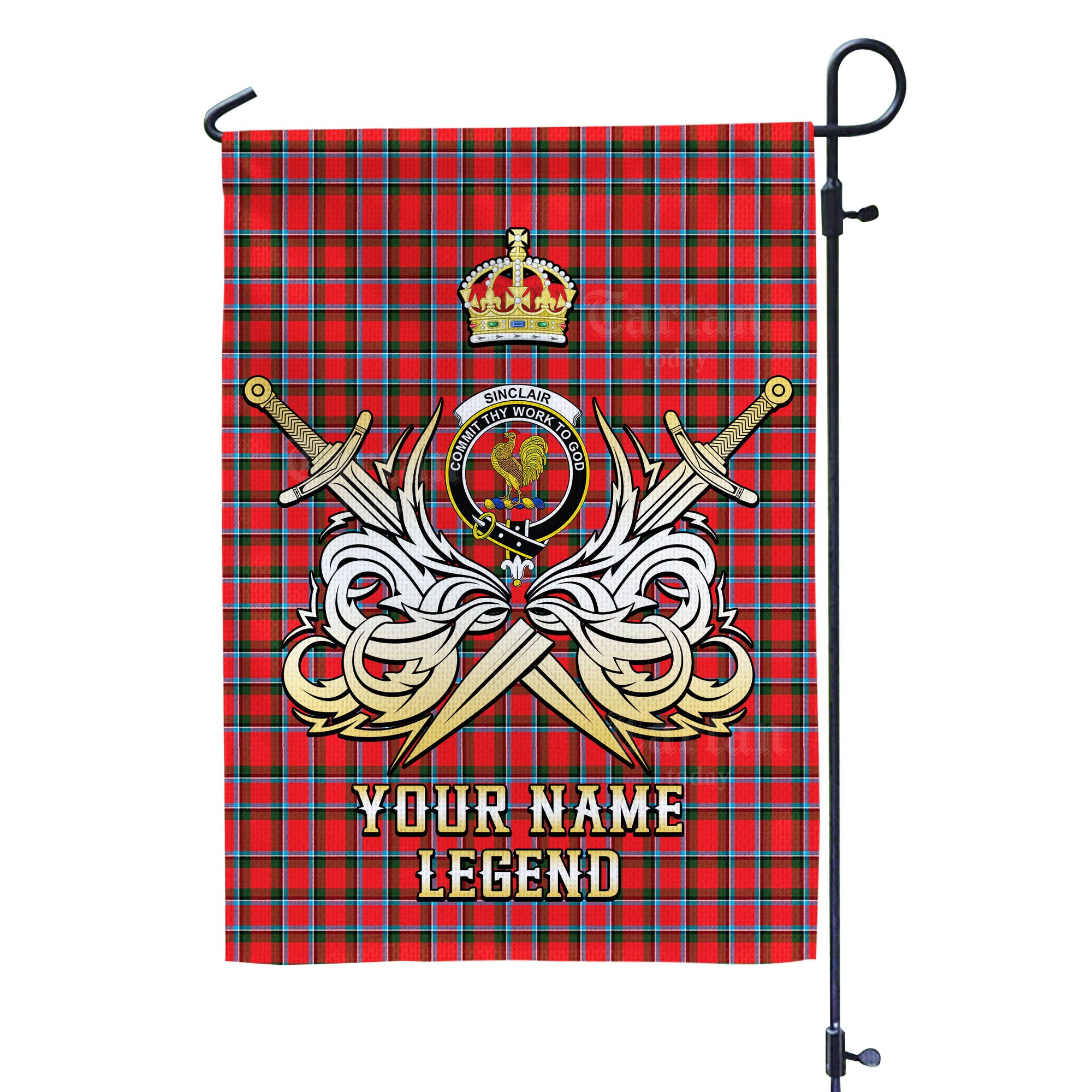 Custom Name Clan Sinclair Modern Tartan Garden Flag with Clan Crest and the Golden Sword of Courageous Legacy IV32