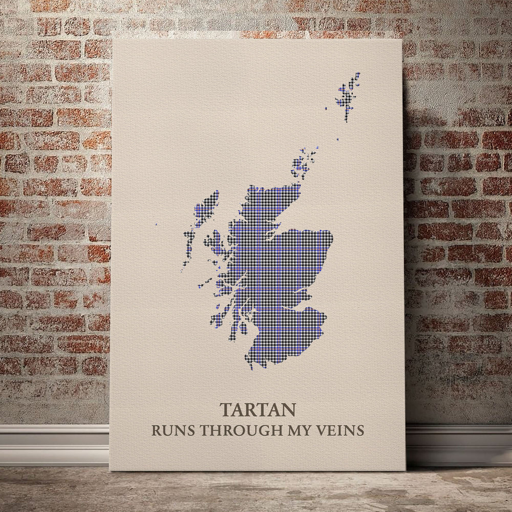 Sir Walter Scott Tartan Scotland Map Canvas – “Tartan Runs Through My Veins” Wall Art