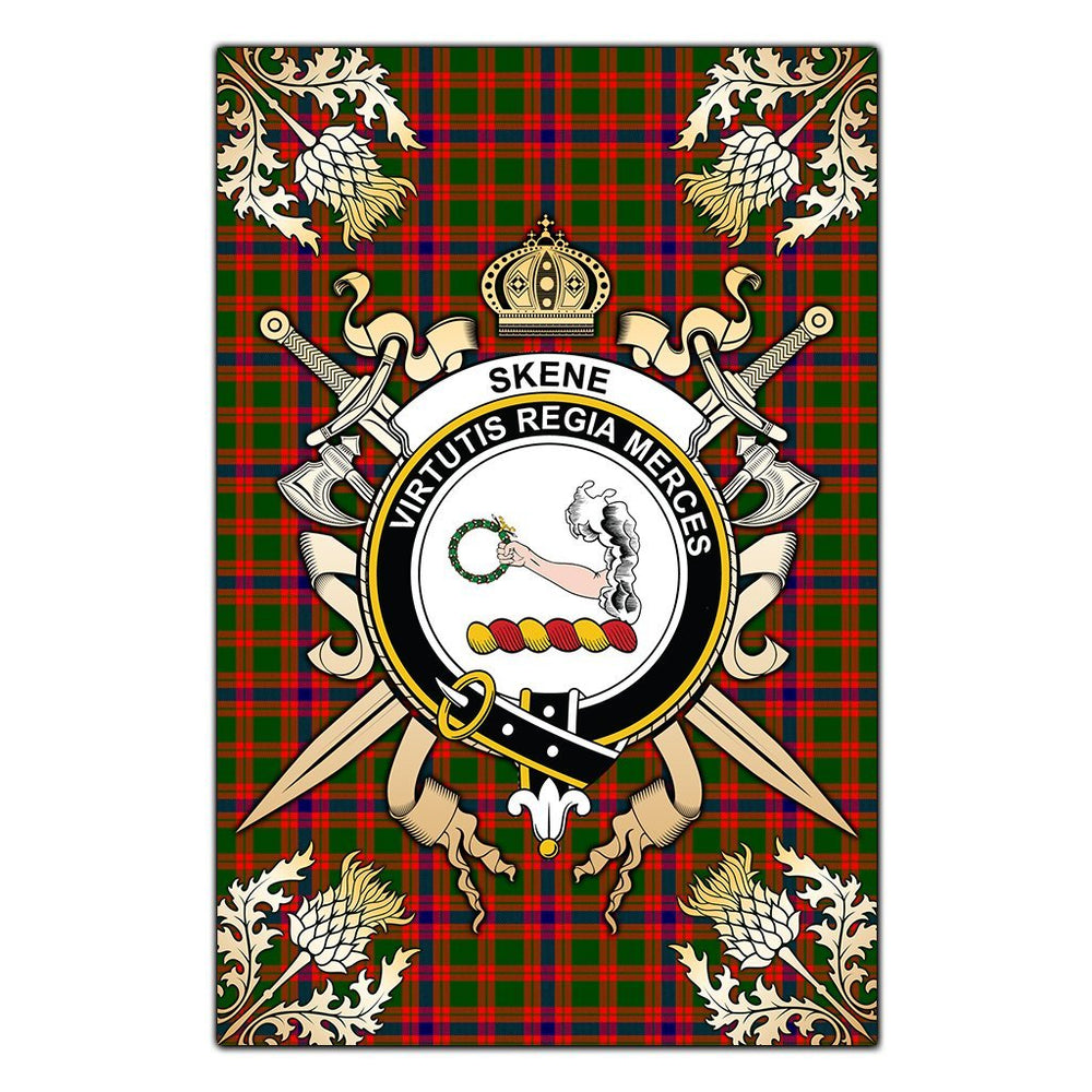 Clan Skene Modern Tartan Crest Black Garden Flag  - Gold Thistle  WK64 Clan Skene Tartan Today   