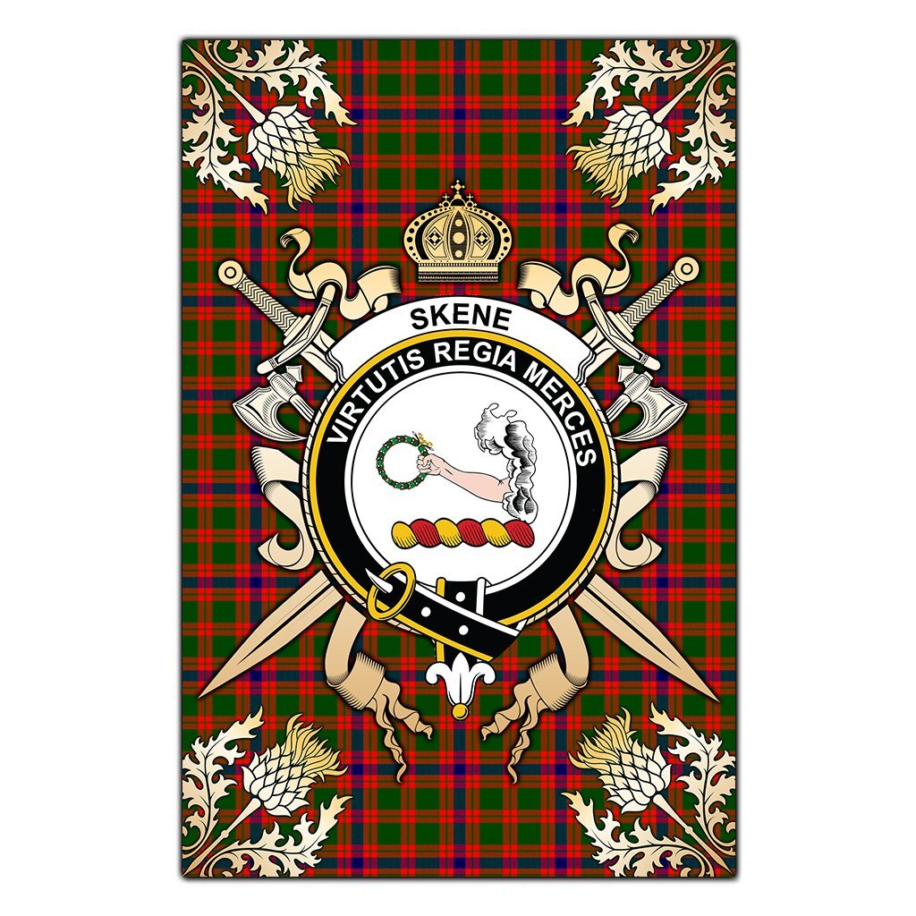 Clan Skene Modern Tartan Crest Black Garden Flag  - Gold Thistle  WK64 Clan Skene Tartan Today   