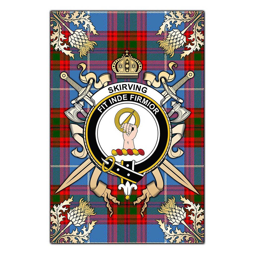 Clan Skirving Tartan Crest Black Garden Flag  - Gold Thistle  UB30 Clan Skirving Tartan Today   