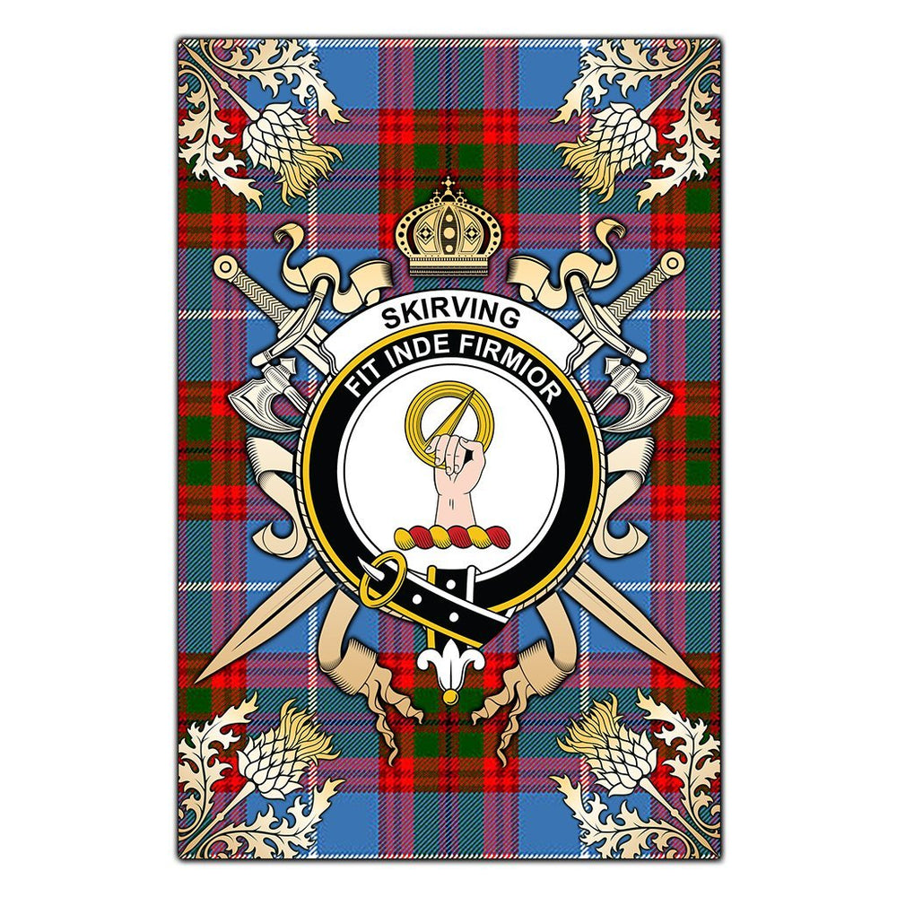 Clan Skirving Tartan Crest Black Garden Flag  - Gold Thistle  UB30 Clan Skirving Tartan Today   