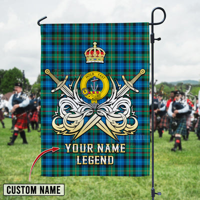 Custom Name Clan Smith Ancient Tartan Garden Flag with Clan Crest and the Golden Sword of Courageous Legacy