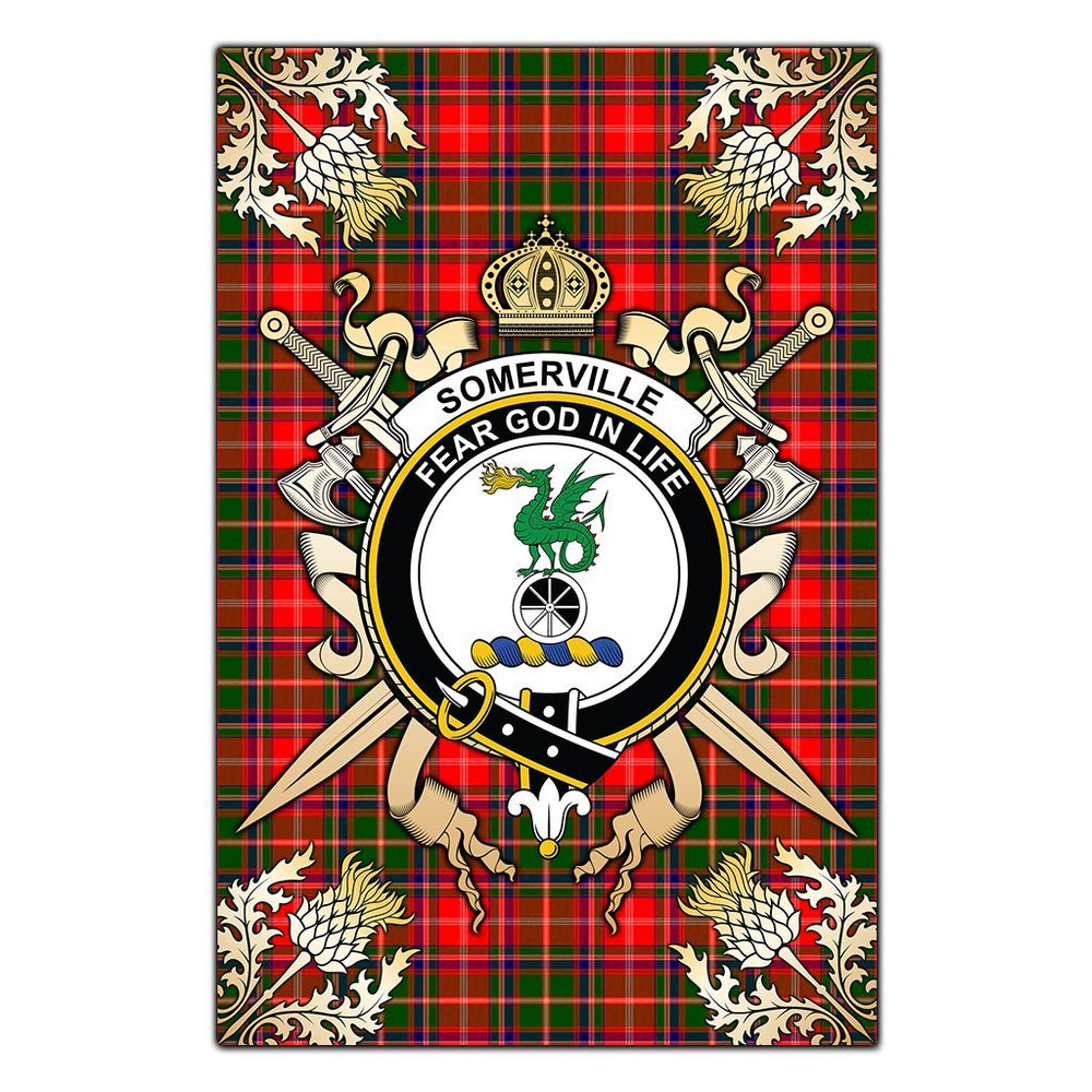 Clan Somerville Modern Tartan Crest Black Garden Flag  - Gold Thistle  RX88 Clan Somerville Tartan Today   