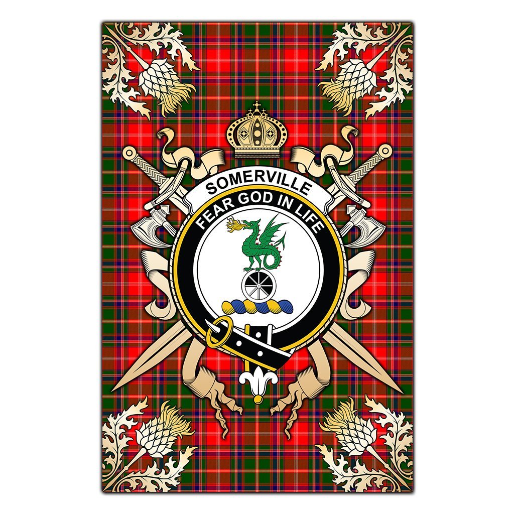 Clan Somerville Modern Tartan Crest Black Garden Flag  - Gold Thistle  RX88 Clan Somerville Tartan Today   
