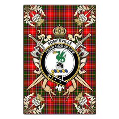 Clan Somerville Modern Tartan Crest Black Garden Flag  - Gold Thistle  RX88 Clan Somerville Tartan Today   