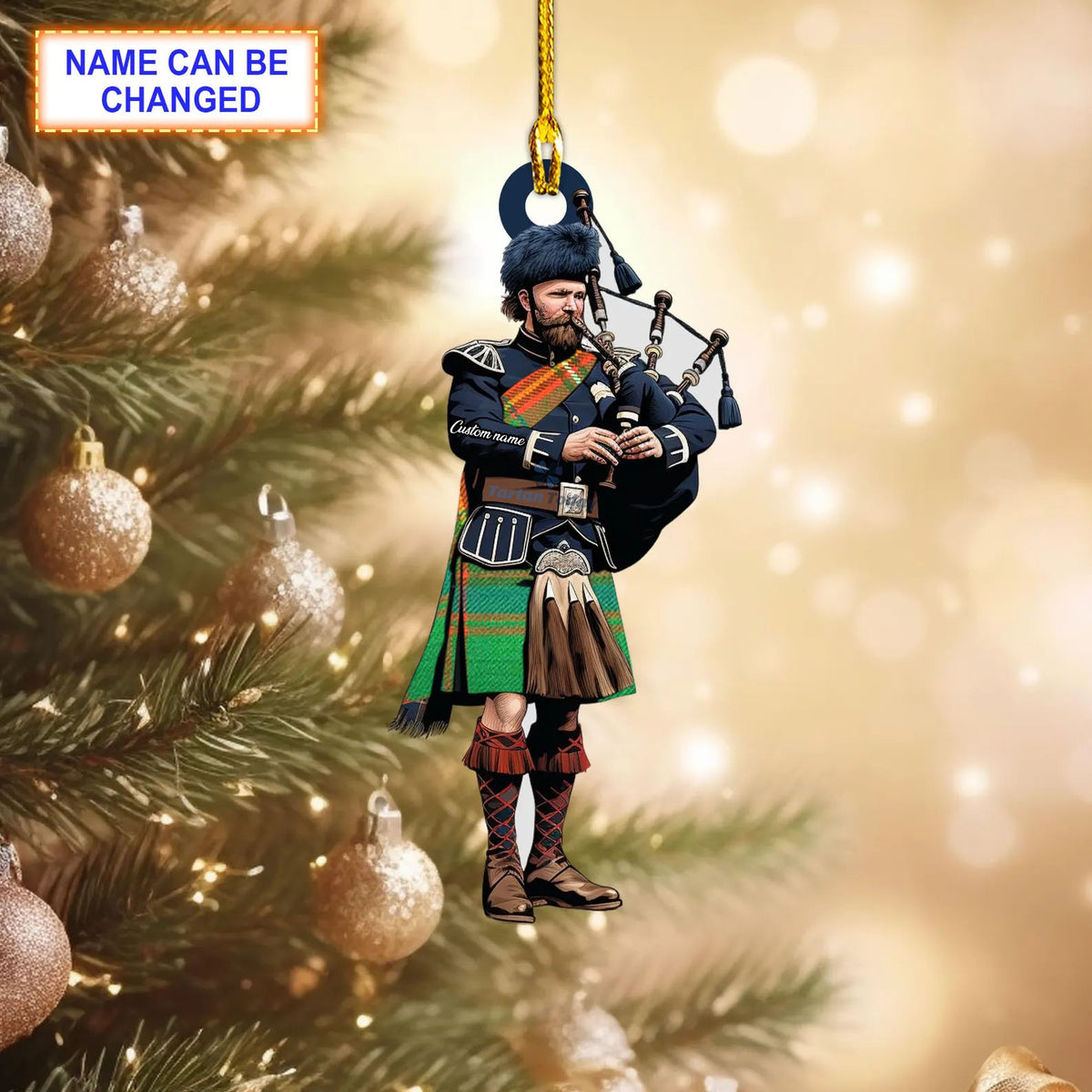 Somerville Ancient Tartan Bagpipe Ornament with Custom Name