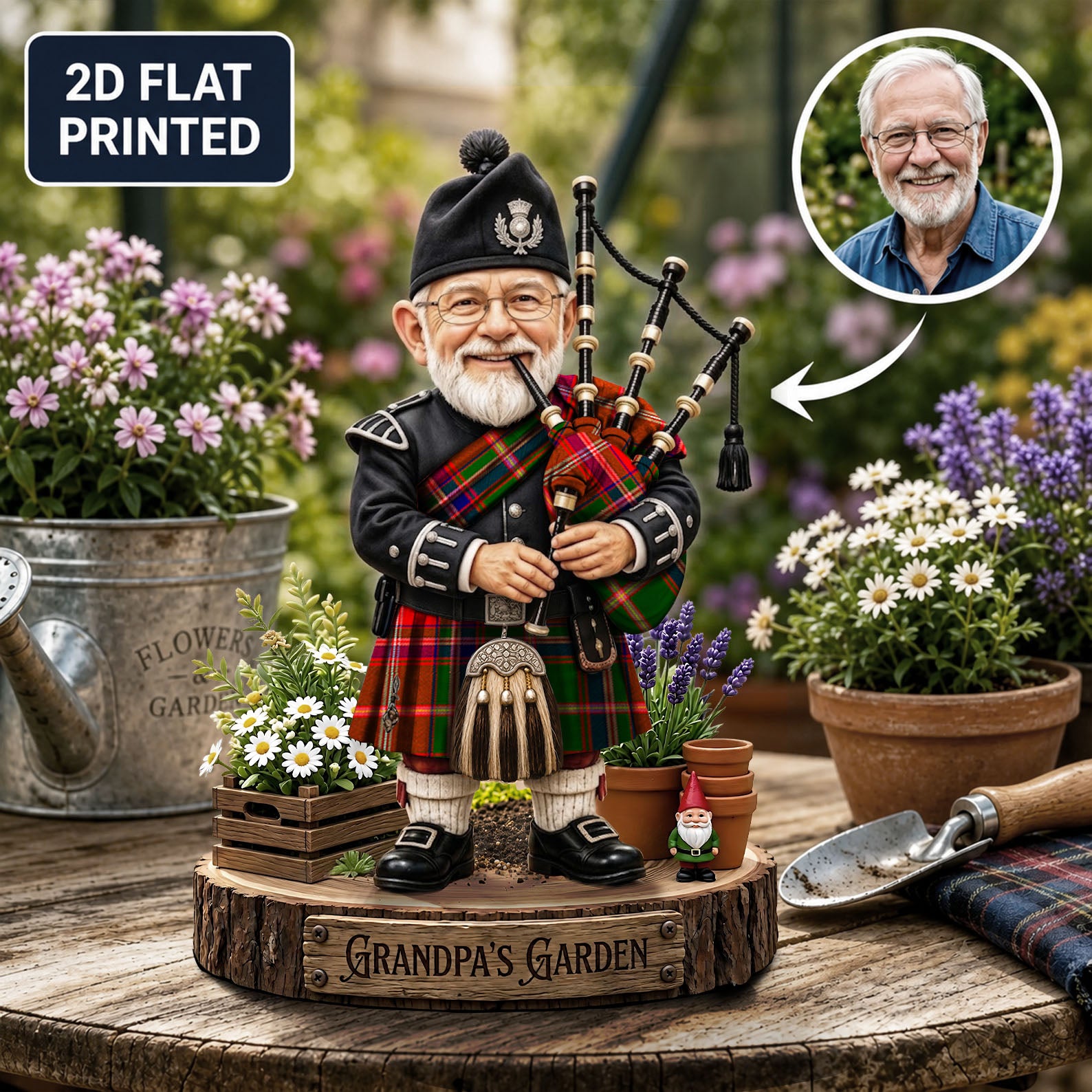 Personalized Somerville Modern Clan Bagpipe Garden Gnome Caricature Plaque Custom Photo, Any Clan Tartan, Wood or Acrylic, Grandpa & Dad Gift, Scottish Highland Garden Decor EH15