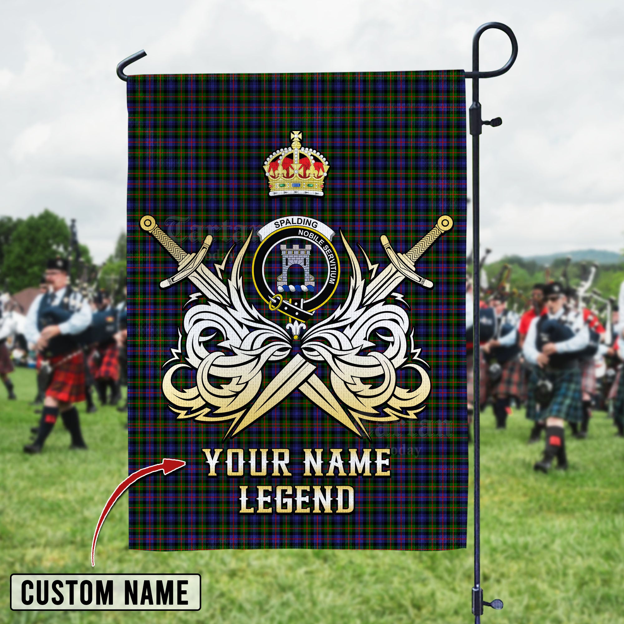 Personalized Custom Name Clan Spalding Murray of Atholl Modern Tartan Garden Flag with Clan Crest and the Golden Sword of Courageous Legacy NJ67 - Spalding Murray of Atholl Modern Tartan Design, Scottish Heritage Gift