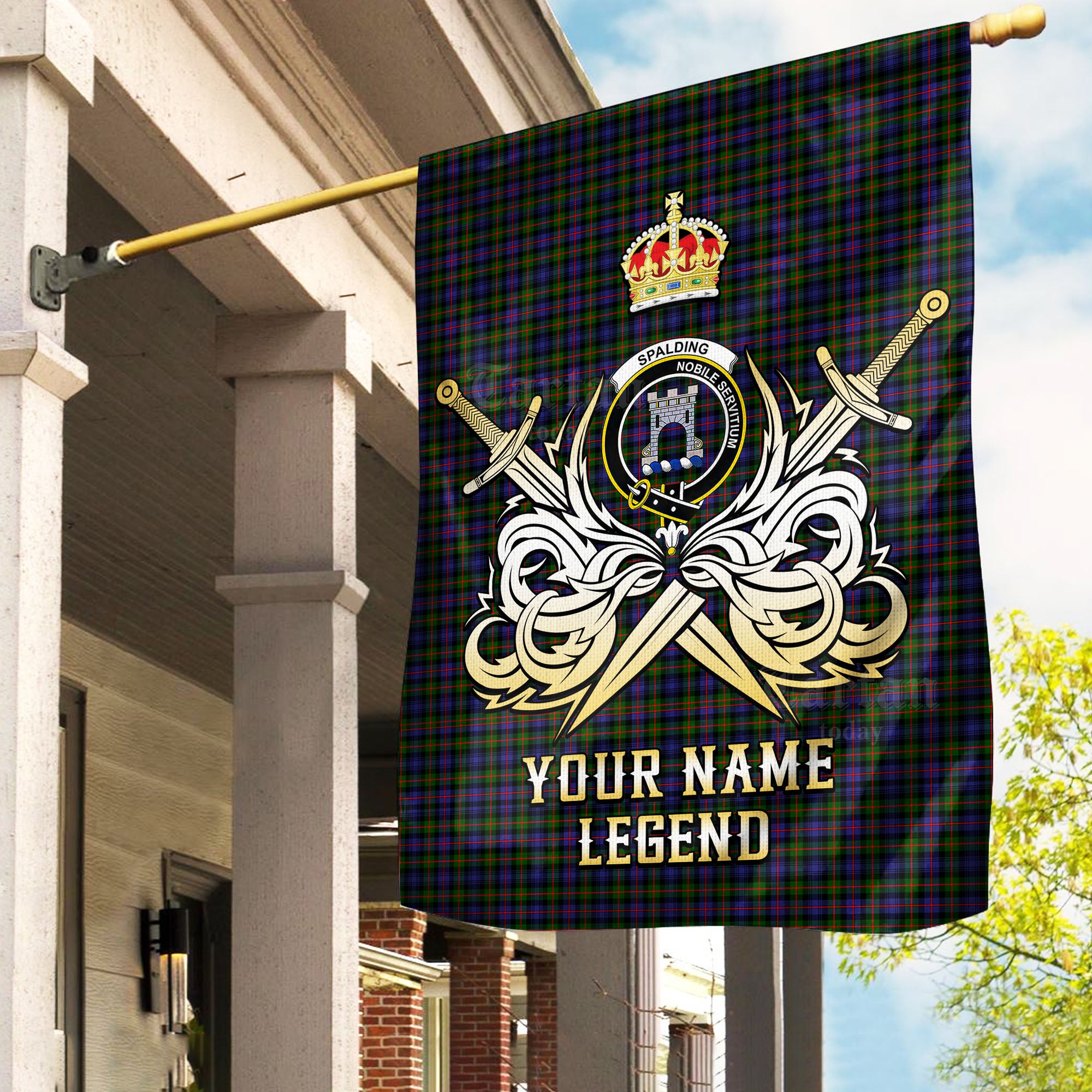 Custom Name Clan Spalding Murray of Atholl Modern Tartan Garden Flag with Clan Crest and the Golden Sword of Courageous Legacy NJ67