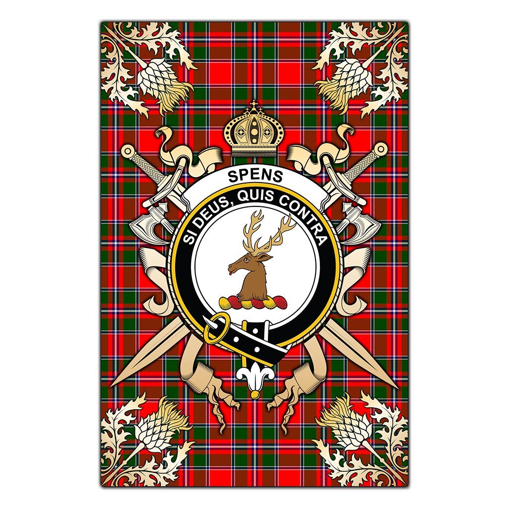 Clan Spens Modern Tartan Crest Black Garden Flag  - Gold Thistle  OR95 Clan Spens Tartan Today   
