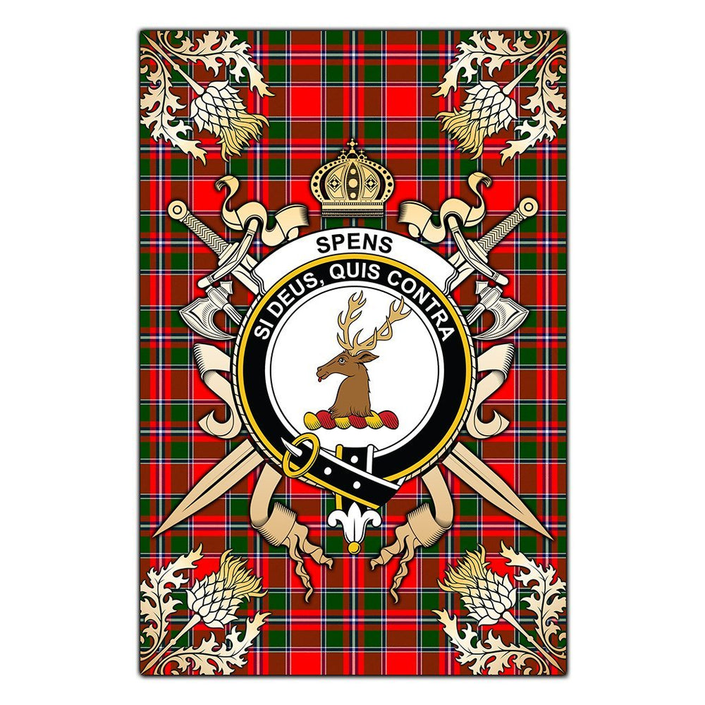 Clan Spens Modern Tartan Crest Black Garden Flag  - Gold Thistle  OR95 Clan Spens Tartan Today   