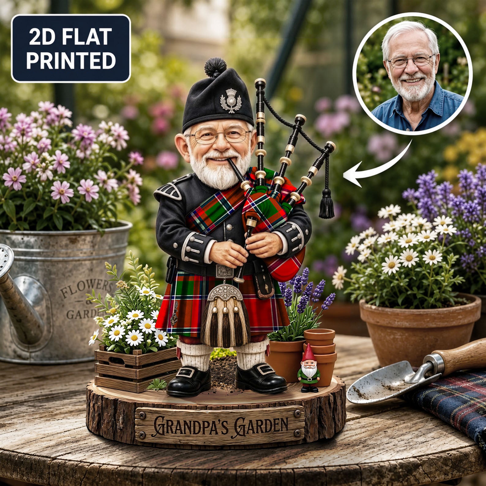Personalized Spens Modern Clan Bagpipe Garden Gnome Caricature Plaque Custom Photo, Any Clan Tartan, Wood or Acrylic, Grandpa & Dad Gift, Scottish Highland Garden Decor MB27