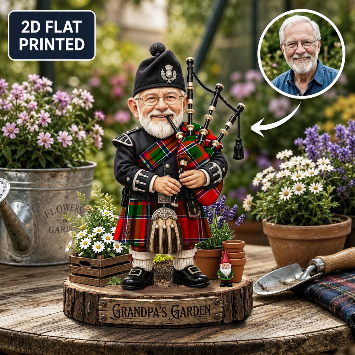 Personalized Spens Modern Clan Bagpipe Garden Gnome Caricature Plaque Custom Photo, Any Clan Tartan, Wood or Acrylic, Grandpa & Dad Gift, Scottish Highland Garden Decor MB27