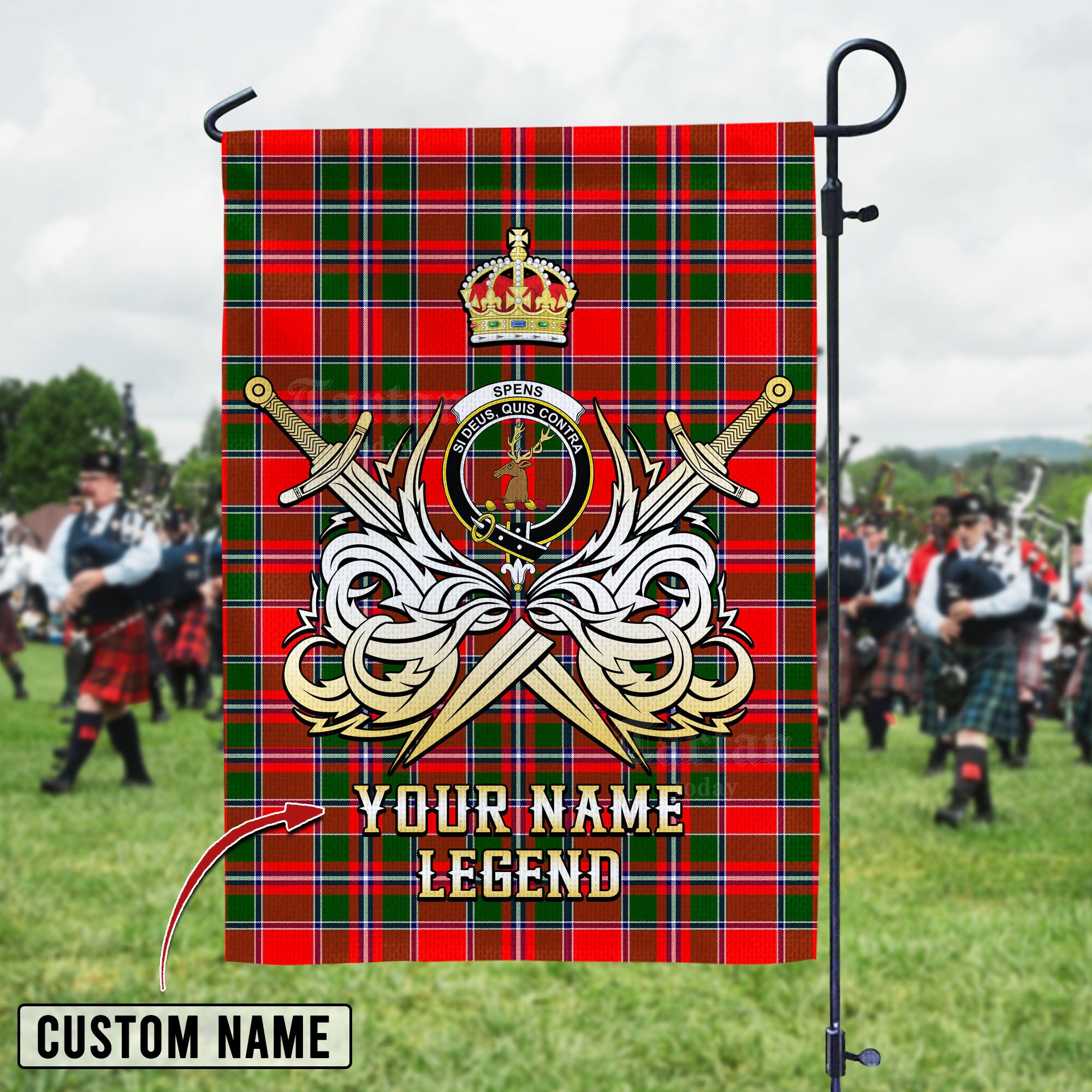 Personalized Custom Name Clan Spens Modern Tartan Garden Flag with Clan Crest and the Golden Sword of Courageous Legacy QF88 - Spens Modern Tartan Design, Scottish Heritage Gift