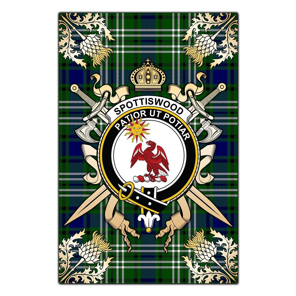Clan Spottiswood Tartan Crest Black Garden Flag  - Gold Thistle  JI19 Clan Spottiswood Tartan Today   