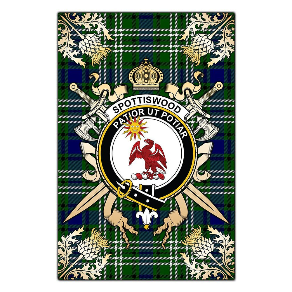 Clan Spottiswood Tartan Crest Black Garden Flag  - Gold Thistle  JI19 Clan Spottiswood Tartan Today   