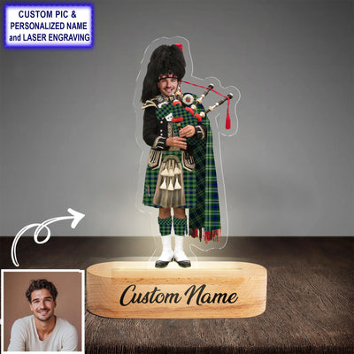 Custom Bagpipe Spottiswood (Tweedside) Tartan LED Night Light - Personalized Scottish Bagpiper Figurine with Wooden Stand DZ83