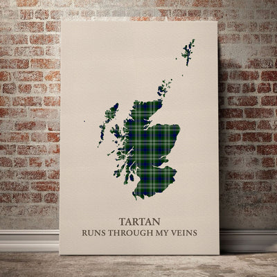 Clan Spottiswood (Tweedside) Tartan Scotland Map Canvas “Tartan Runs Through My Veins” Wall Art EV14