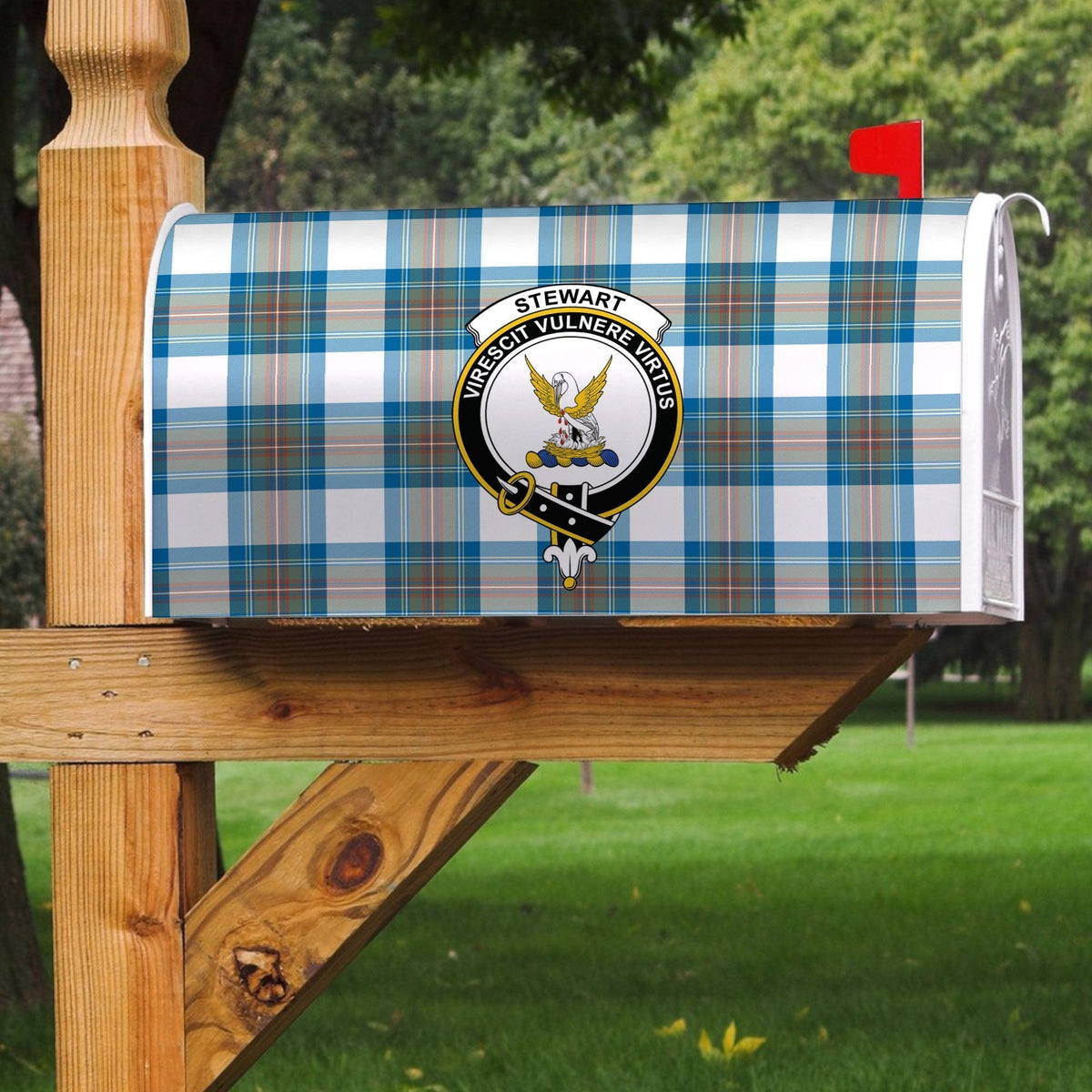 Clan Stewart Muted Blue Tartan Crest Mailbox CG61 Clan Stewart Tartan Today   