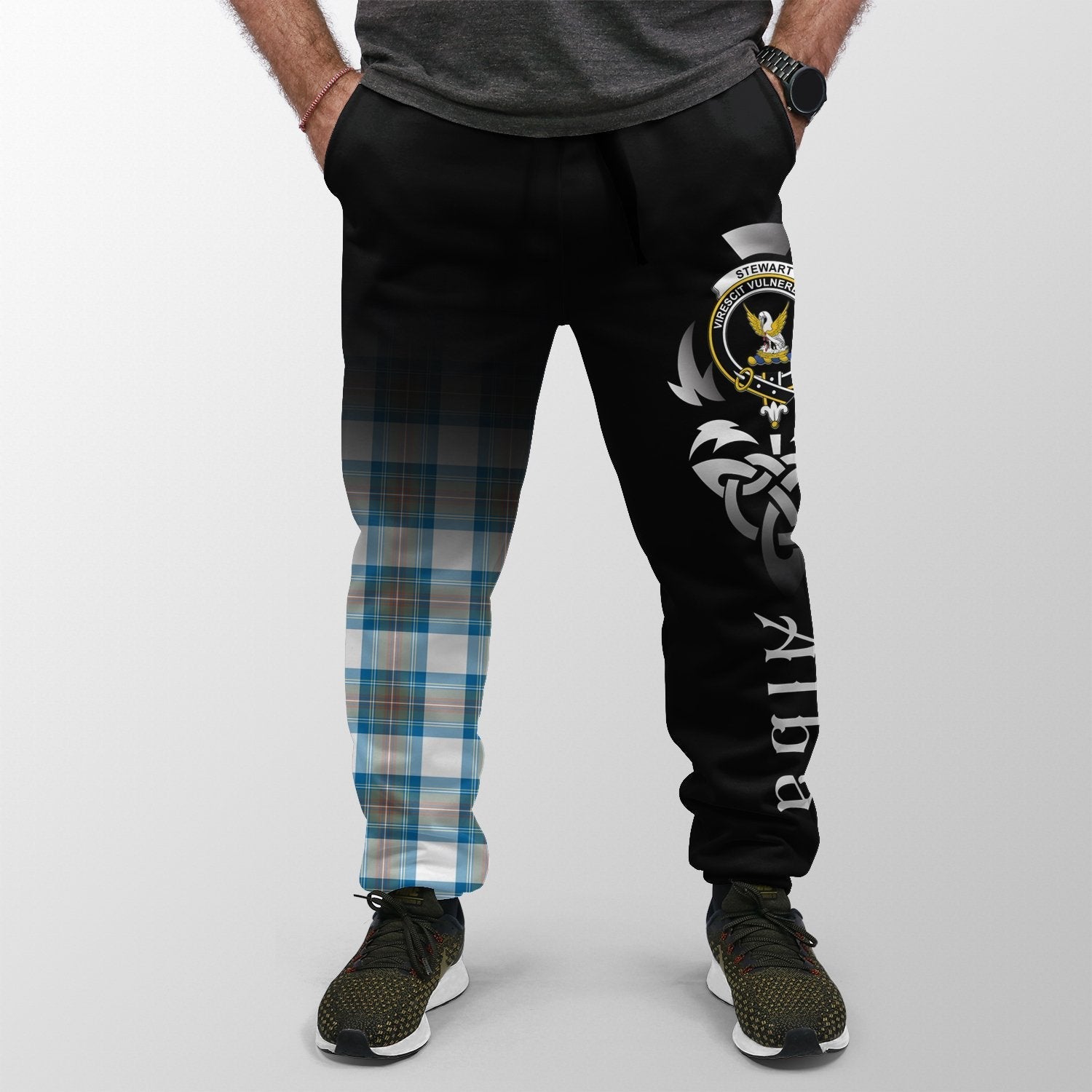Clan Stewart Muted Blue Tartan Crest Jogger Sweatpants  Alba Celtic Style AS56 Clan Stewart Tartan Today   