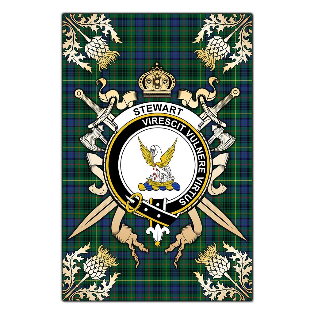 Clan Stewart Hunting Modern Tartan Crest Black Garden Flag  - Gold Thistle  DZ11 Clan Stewart Tartan Today   