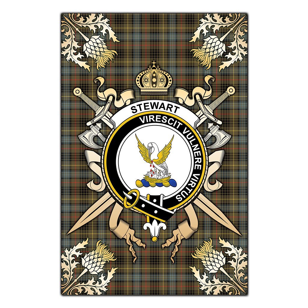 Clan Stewart Hunting Weathered Tartan Crest Black Garden Flag  - Gold Thistle  VU82 Clan Stewart Tartan Today   