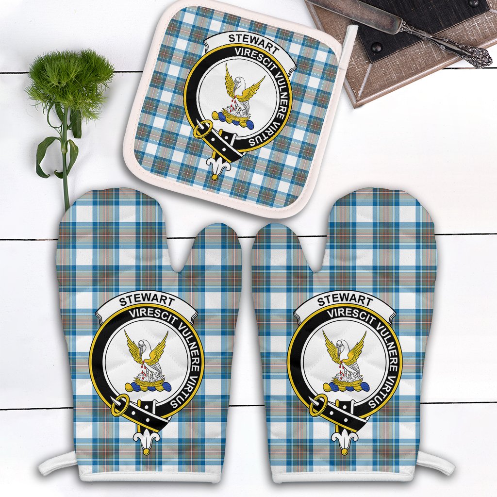 Clan Stewart Muted Blue Tartan Crest Oven Mitt And Pot Holder (2 Oven Mitts + 1 Pot Holder) JJ78 Clan Stewart Tartan Today   