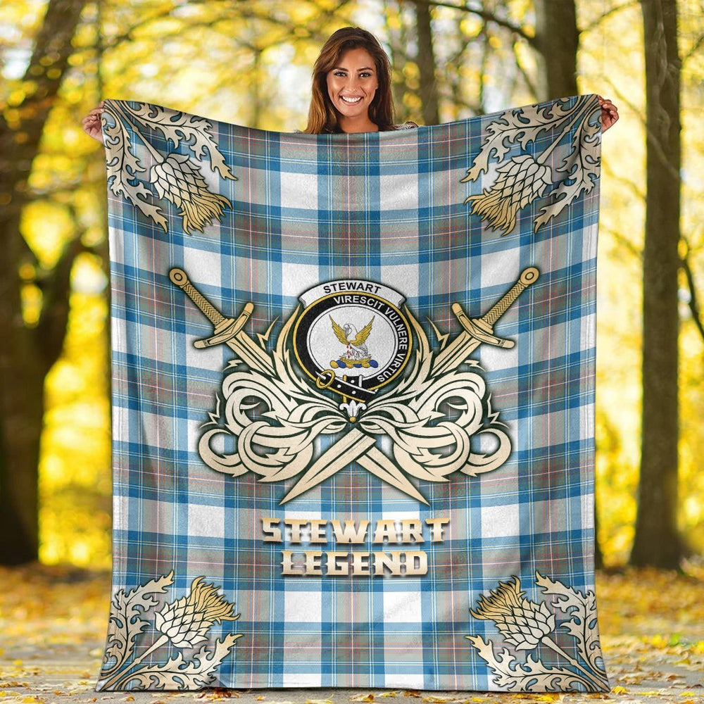 Clan Stewart Muted Blue Tartan Gold Courage Symbol Blanket GN71 Clan Stewart Tartan Today   