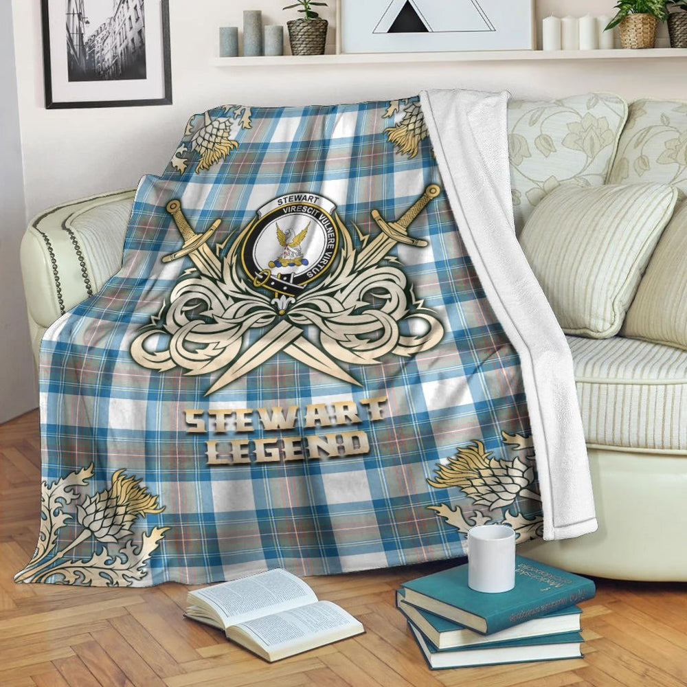 Clan Stewart Muted Blue Tartan Gold Courage Symbol Blanket GN71 Clan Stewart Tartan Today   
