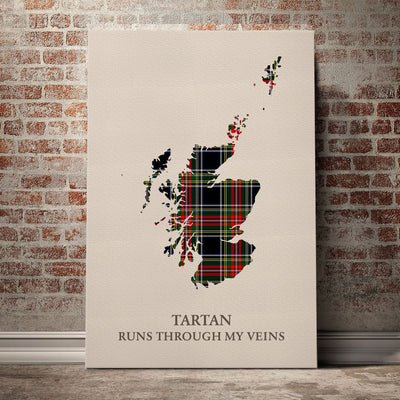 Clan Stewart Black Tartan Scotland Map Canvas “Tartan Runs Through My Veins” Wall Art ZJ26
