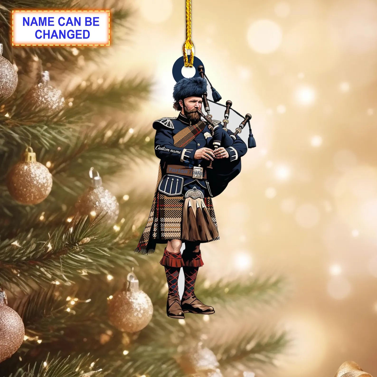 Stewart Camel Modern Tartan Bagpipe Ornament with Custom Name