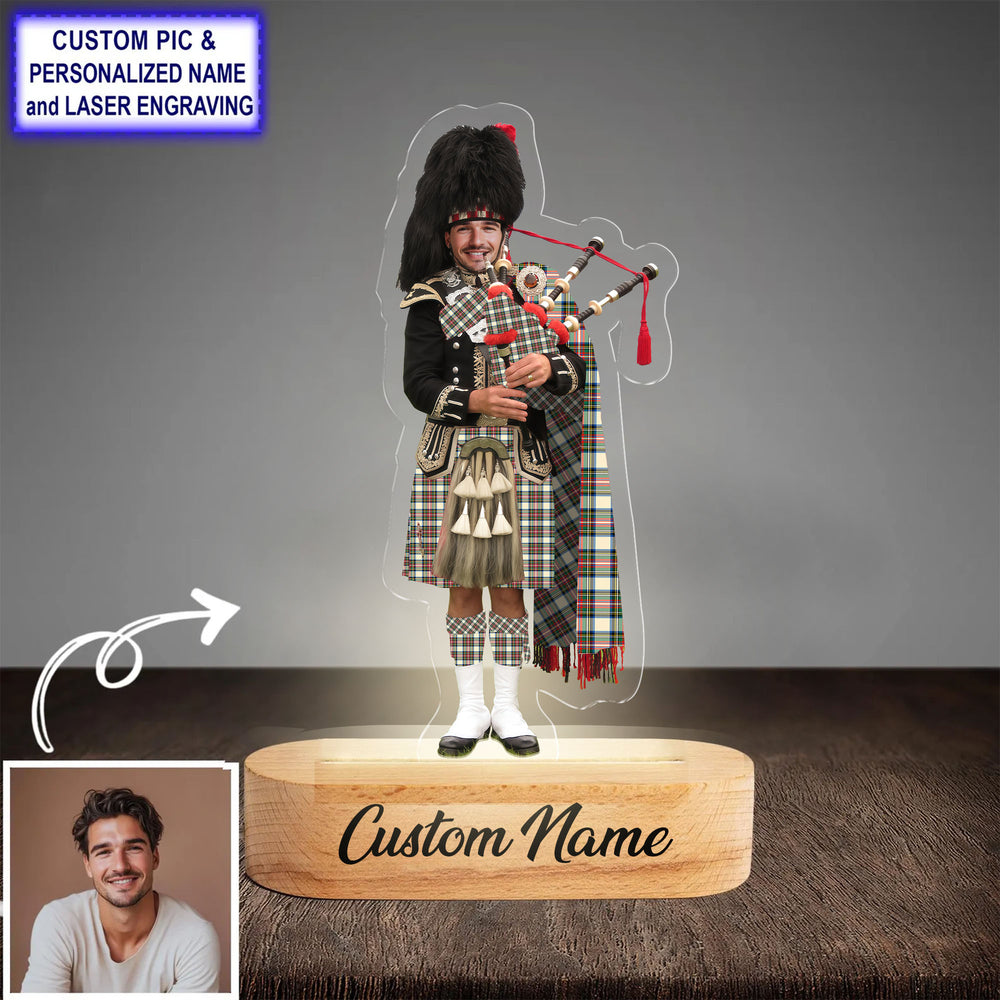 Custom Bagpipe Stewart Dress Ancient Tartan LED Night Light - Personalized Scottish Bagpiper Figurine with Wooden Stand