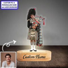 Custom Bagpipe Stewart Dress Ancient Tartan LED Night Light - Personalized Scottish Bagpiper Figurine with Wooden Stand