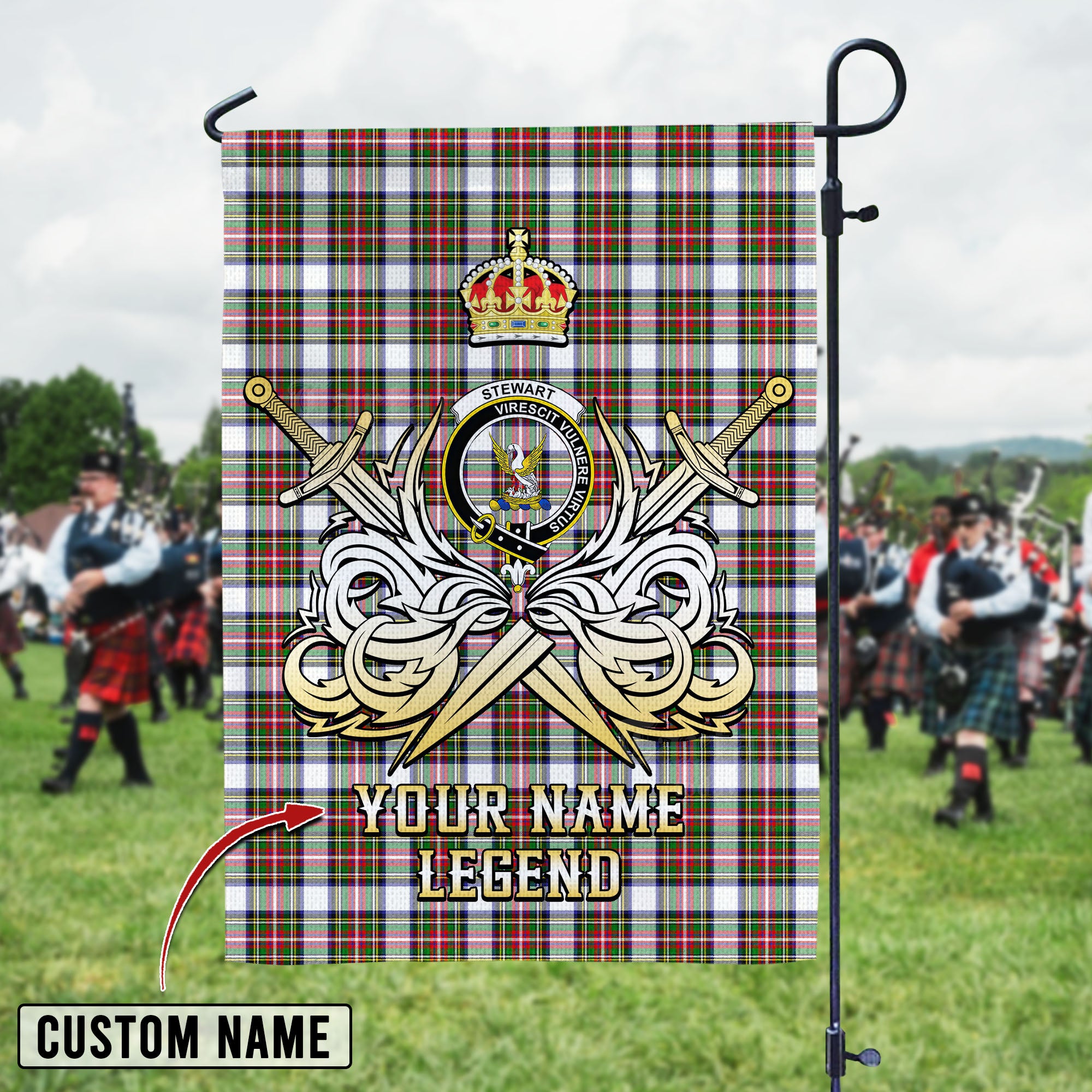 Personalized Custom Name Clan Stewart Dress Modern Tartan Garden Flag with Clan Crest and the Golden Sword of Courageous Legacy YG13 - Stewart Dress Modern Tartan Design, Scottish Heritage Gift