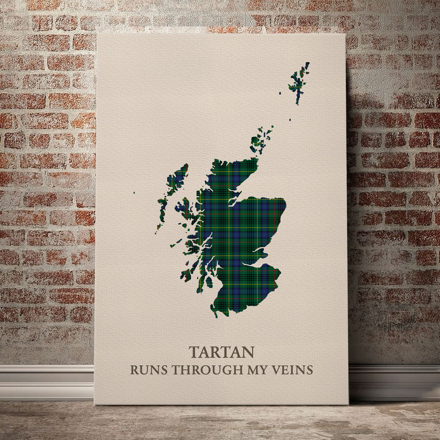 Stewart Hunting Modern Tartan Scotland Map Canvas – “Tartan Runs Through My Veins” Wall Art