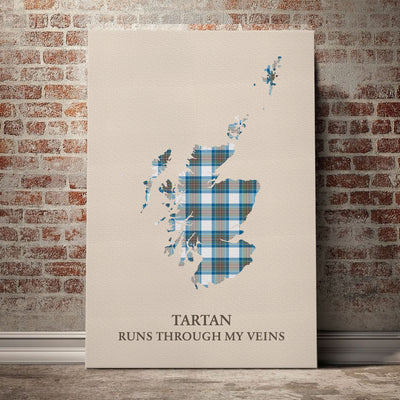 Clan Stewart Muted Blue Tartan Scotland Map Canvas “Tartan Runs Through My Veins” Wall Art HC20
