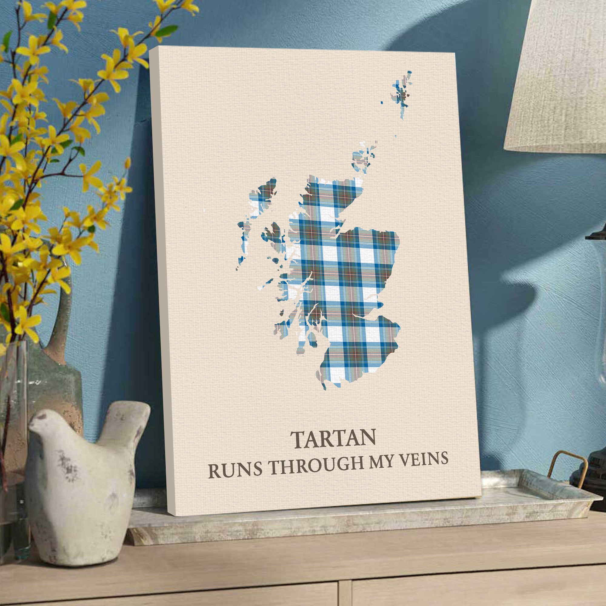 Clan Stewart Muted Blue Tartan Scotland Map Canvas “Tartan Runs Through My Veins” Wall Art HC20