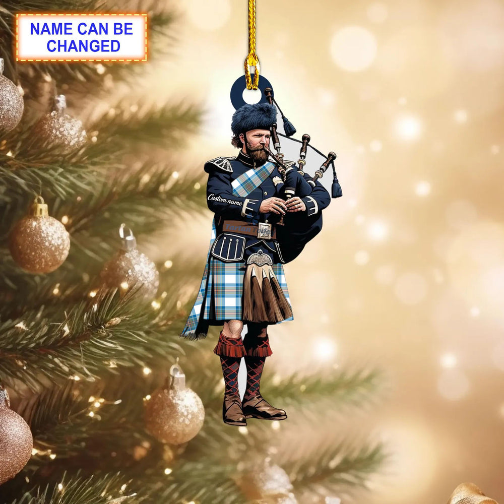 Personalized Clan Stewart Muted Blue Tartan Bagpipe Ornament with Custom Name – Scottish Christmas Tree Decoration PO96